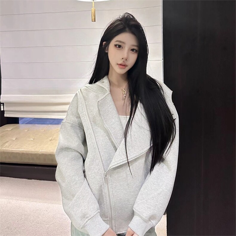 抖音得物品质26春装美式重磅结构斜拉链高领连帽卫衣开衫外套W61,女装短外套,电商A486