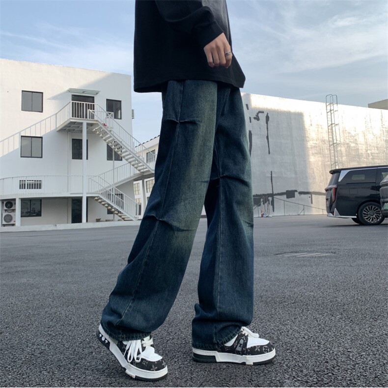 美式高街微喇叭牛仔裤新款水洗复古蓝嘻哈复古褶皱裤001P40特，男装牛仔裤，电商D256A(原A064A)