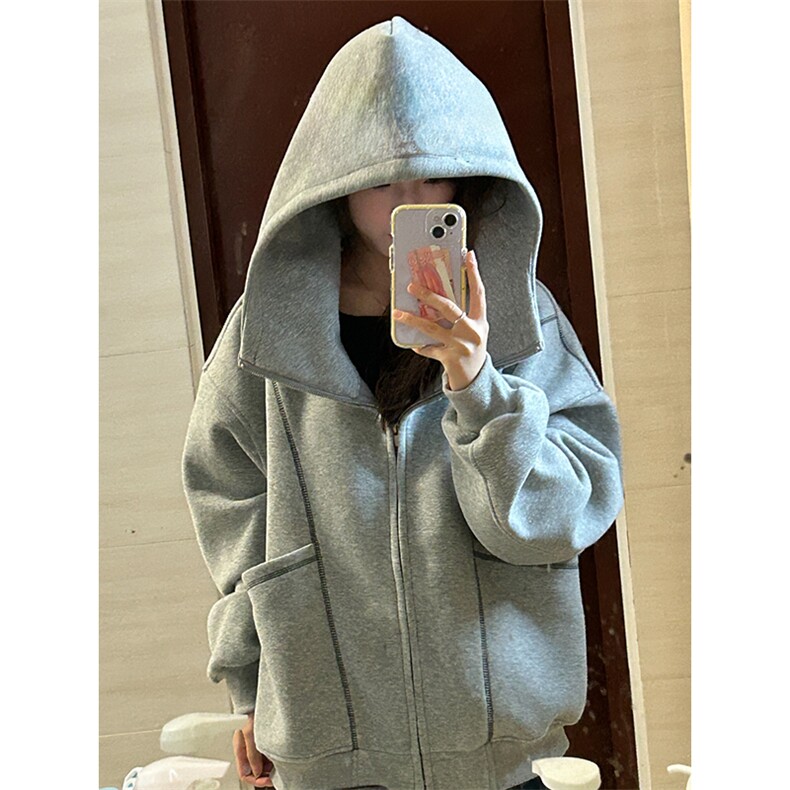 抖音得物高品质秋冬美式高街重磅结构辑明线纹理连帽卫衣外套W111,女装短外套,电商A486-1