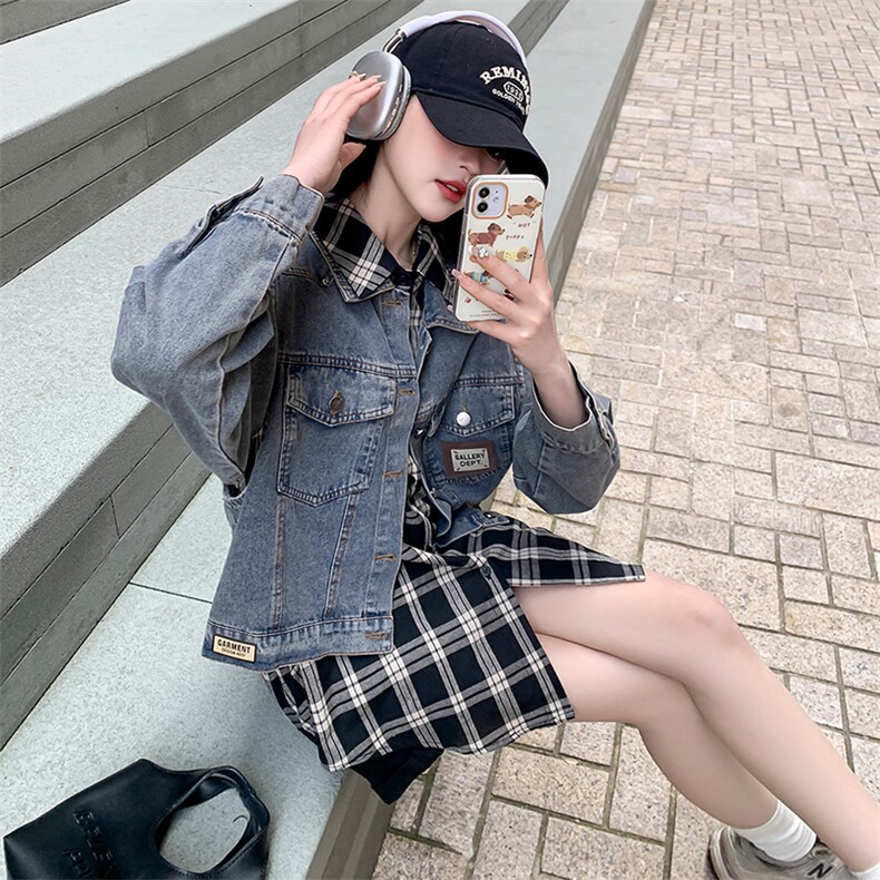 现货-黑白格衬衫+牛仔马甲两件套-款号9906-P145K198,女装套装/套裙,浙宝305