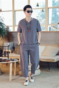 DY16*夏季2021男士棉麻短袖T恤套装长裤两件套装男 灰蓝 *P55图片