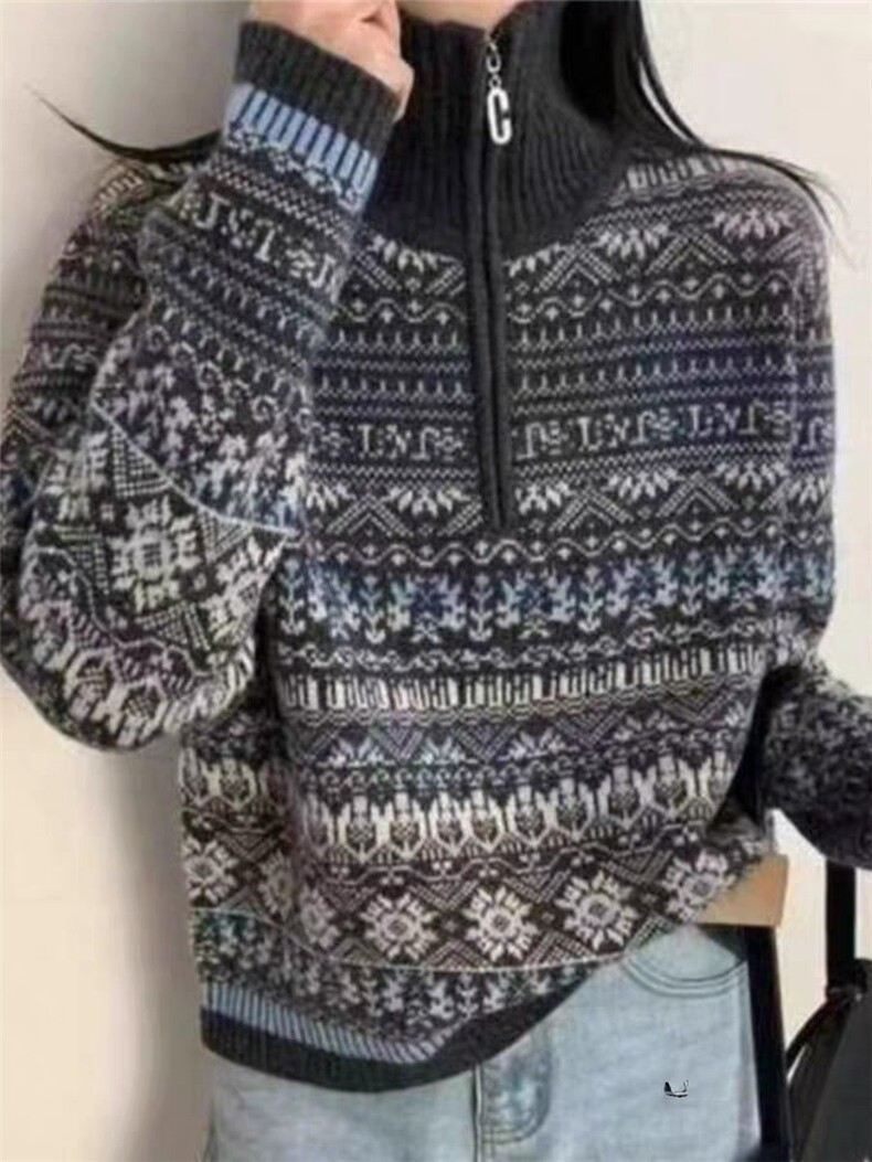 2025年秋季新款百搭费尔岛半开拉链，女装针织衫/毛衣，国旺羊绒