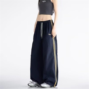 藏青色条纹爵士舞阔腿裤女夏季美式复古杠条速干束脚休闲拖地长裤图片