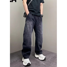 春季拼接牛仔裤水洗蓝色痞帅拖地裤男士直筒阔腿裤子NB832，男装牛仔裤，星座1116A（原606A-3）