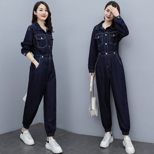 牛仔长袖深色牛仔裤工装裤街头中腰修身秋季连体裤翻领女，女装连体裤，微微衣阁