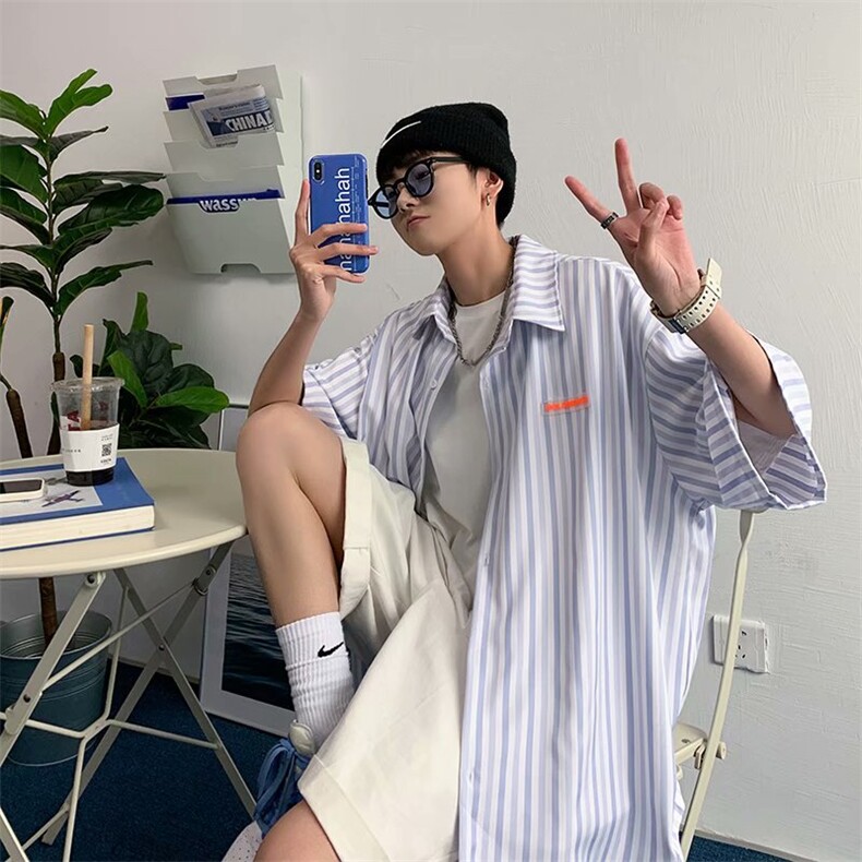 衬衫男短袖夏季薄款日系休闲宽松韩版潮流帅气条纹衬衣S1064-p35图片