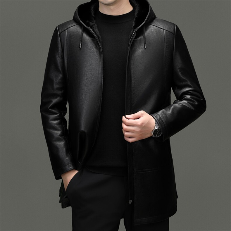 BG81008冬季新款海宁真皮皮衣男中长款貂皮大衣水貂内胆连帽男装,男装皮衣,电商B360