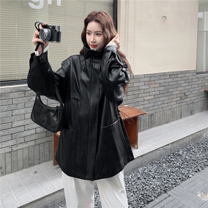黑色立领酷飒复古风宽松皮衣女2025秋季日系高级感中长款夹克上衣图片