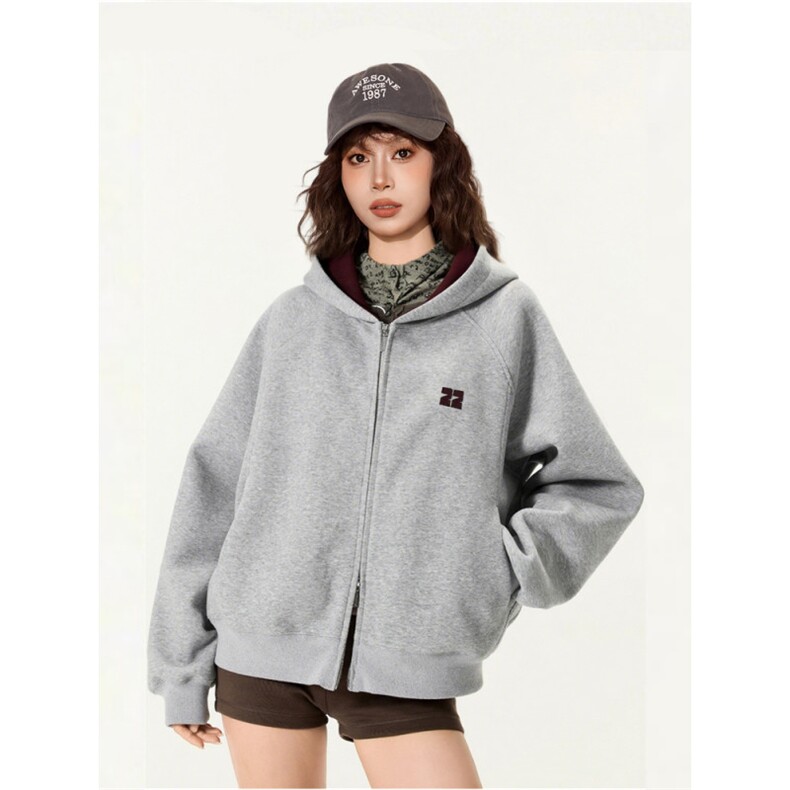 网图短款撞色刺绣双拉链开衫卫衣男女潮牌情侣连帽休闲外套P60,女装短外套,电商C306-1