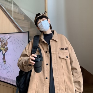 美式复古牛仔外套男士宽松大码新款潮牌翻领休闲百搭工装夹克