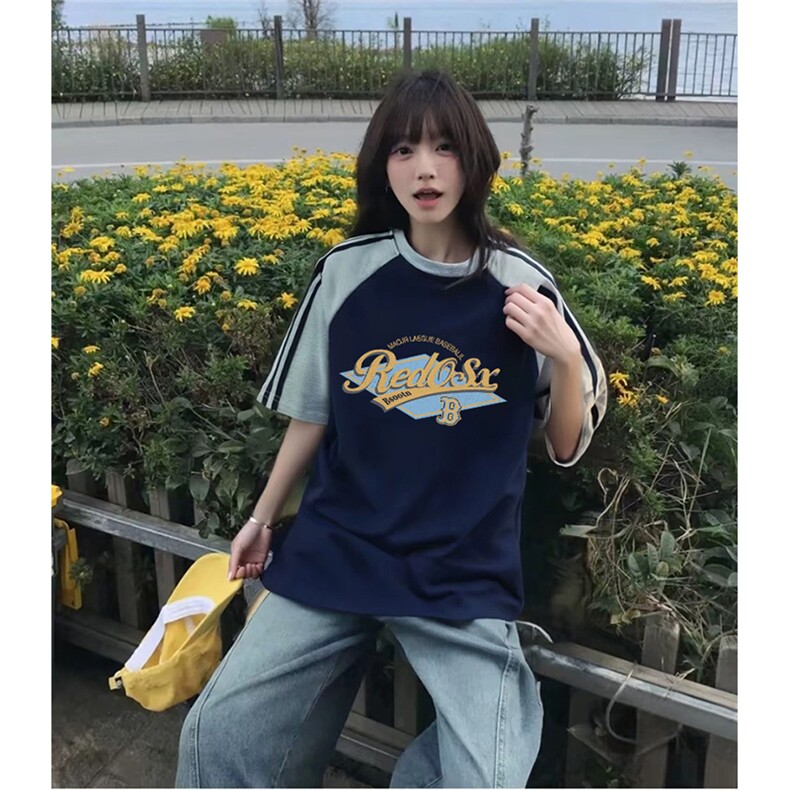 抖音得物品质二开240克宽松纯棉美式潮牌插肩三杠织带短袖T恤,男装T恤,电商A486
