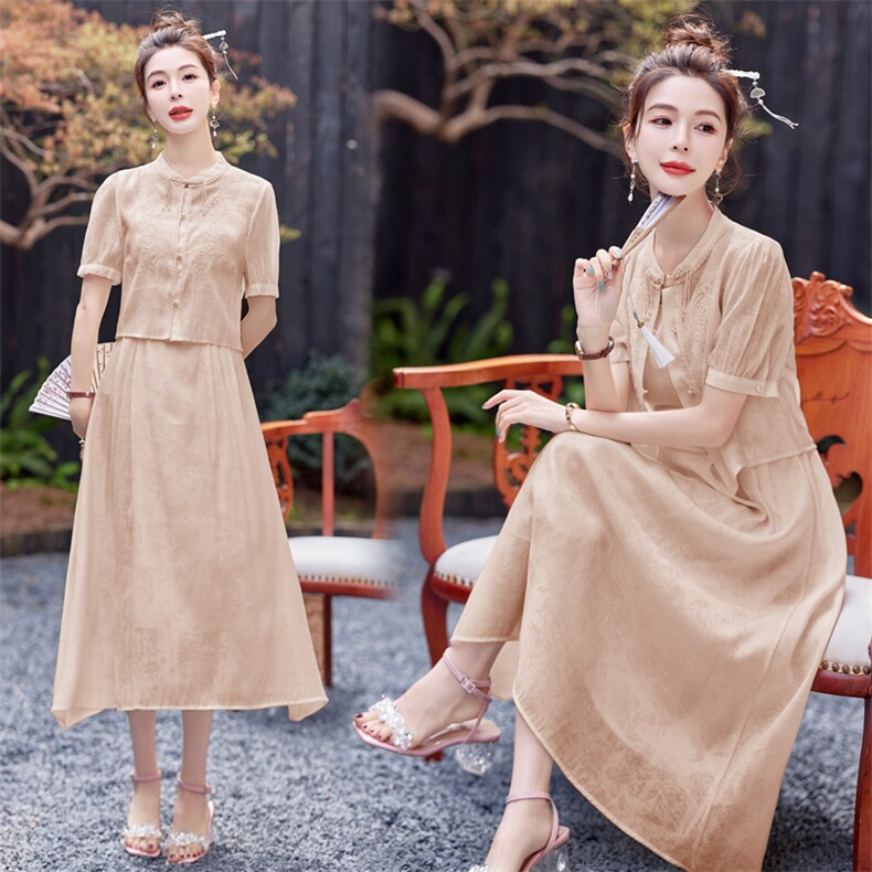 2024新款夏装复古优雅盘扣显瘦减龄刺绣印花两件套套装裙，女装套装/套裙，依路服饰
