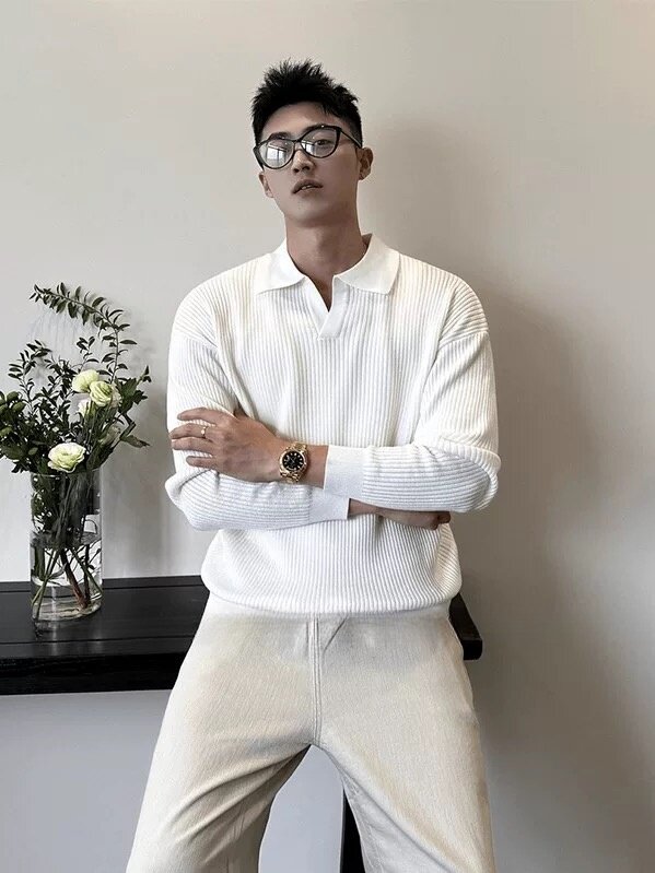 雅致格调’极简老钱风羊毛混纺休闲海鸥领针织衫长袖1178/P68,男装针织衫/毛衣,电商A243