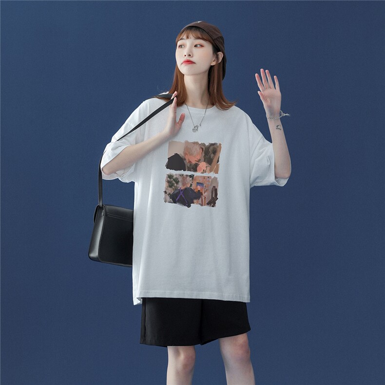 中性23夏季美式潮牌情侣文艺复兴油画小众慵懒风短袖T67P25控38,男装T恤,A247A