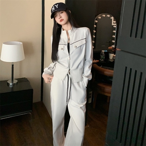 女春季新款拉链开衫上衣阔腿裤两件套装图片