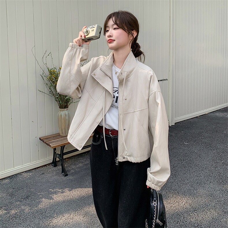 米白色立领棒球服外套女2025春秋新款韩系小个子休闲短款夹克上衣图片