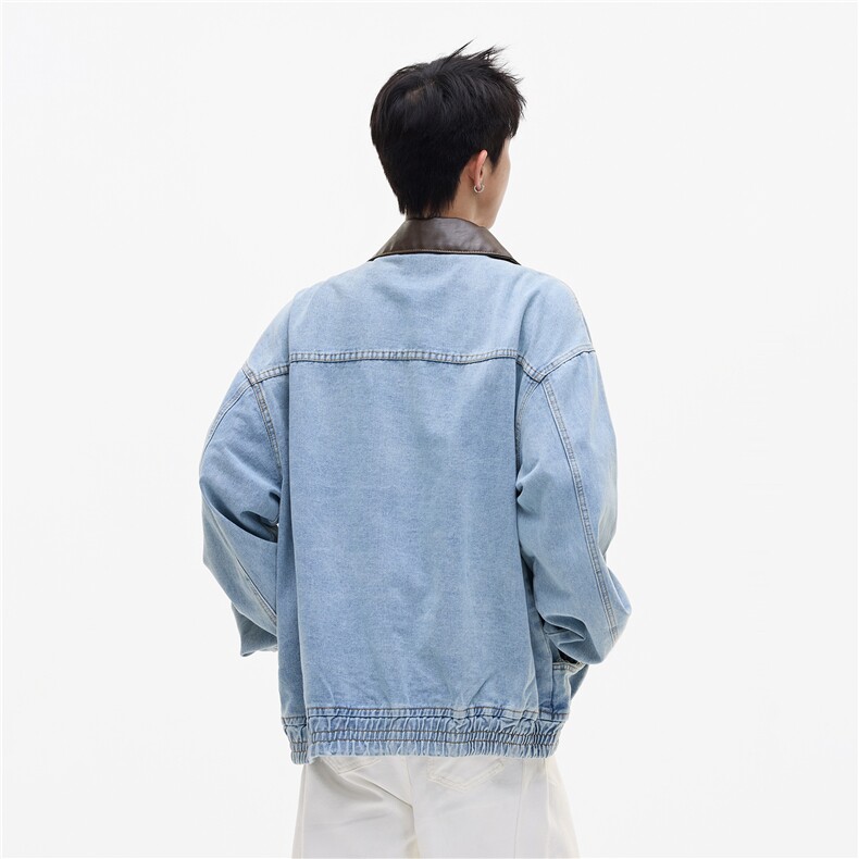 2025秋文艺拼皮翻领褶皱水洗牛仔外套原宿简约慵懒A025-Y115-P85,男装工装外套,电商A025