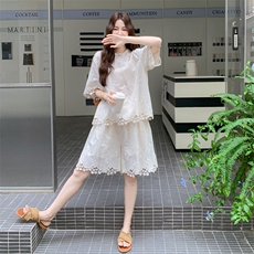 蕾丝拼接白色衬衫短裤套装女夏法式慵懒风软实力穿搭两件套巨好看，女装套装/套裙，浙宝217