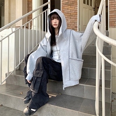 抖音得物高品质秋冬美式高街重磅结构辑明线纹理连帽卫衣外套W111，女装短外套，电商A486-1