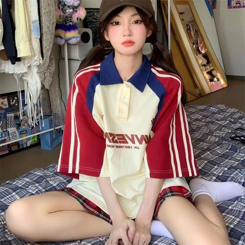 H0648-P40学院风美式Polo衫撞色短袖t恤潮牌7七分袖,女装衬衫,星座617A-2