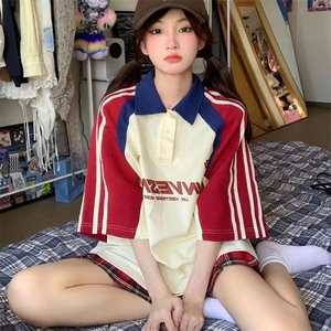 H0648-P40学院风美式Polo衫撞色短袖t恤潮牌7七分袖,noah短袖搭配什么衣服图片