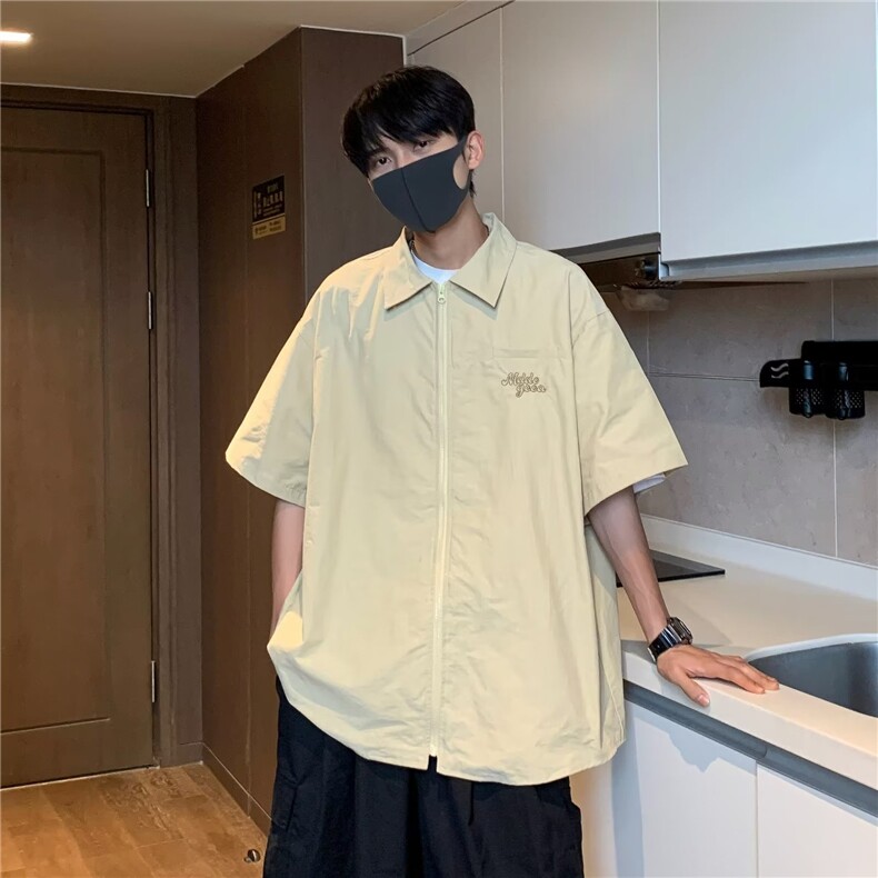 衬衫男韩版潮短袖字母刺绣高街2023夏季新款ins宽松外套CY295-P32图片