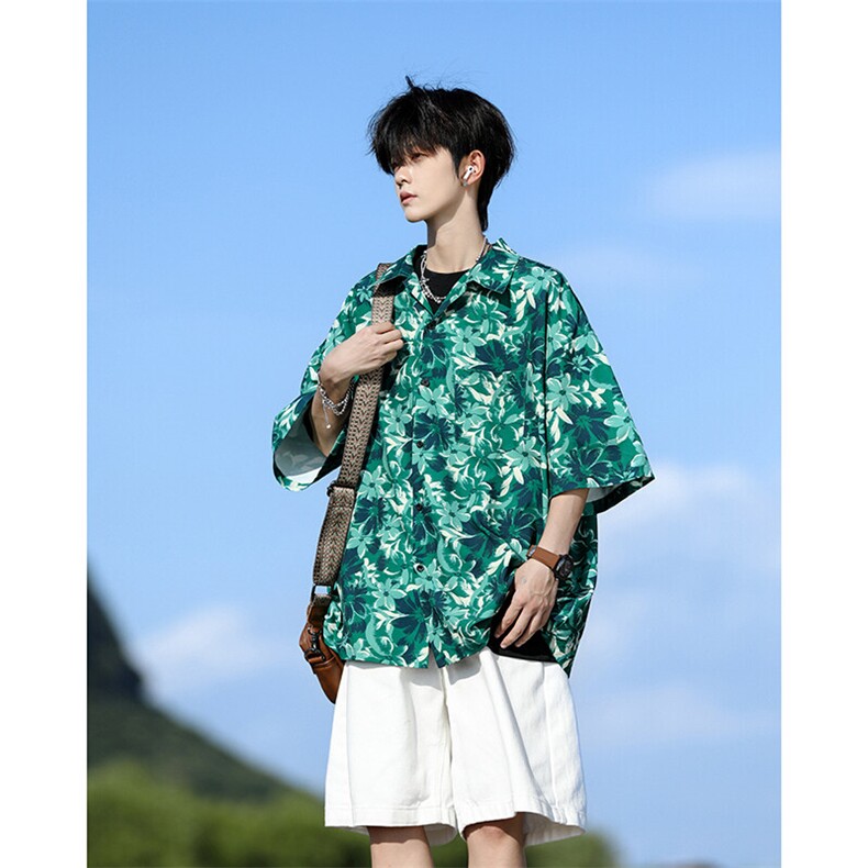 满印碎花衬衫短袖大码复古花卉衬衫夏威夷冰丝沙滩衬衣DC5016/P35图片