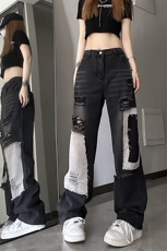 B221美式ins高街小众个性拼接宽松破洞牛仔裤LK23099-P65控88，男装牛仔裤，电商B221