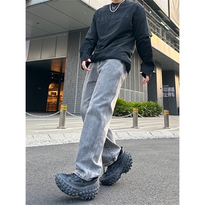 美式高街vibe风直筒长裤欧美痞帅男hiphop复古水洗拼接工装牛仔裤图片