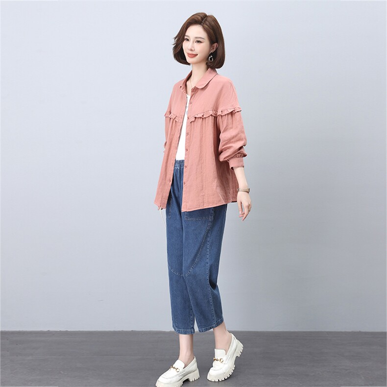 时尚百搭宽松显瘦长袖衬衫牛仔裤套装女秋装新款韩版休闲两件套,女装套装/套裙,叶笙衣