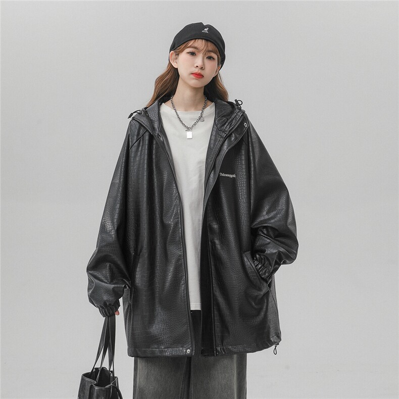 1中性连帽鳄鱼纹PU皮大码M-5XL情侣冲锋衣夹克男JK8744P90控128,女装短外套,星座226-2