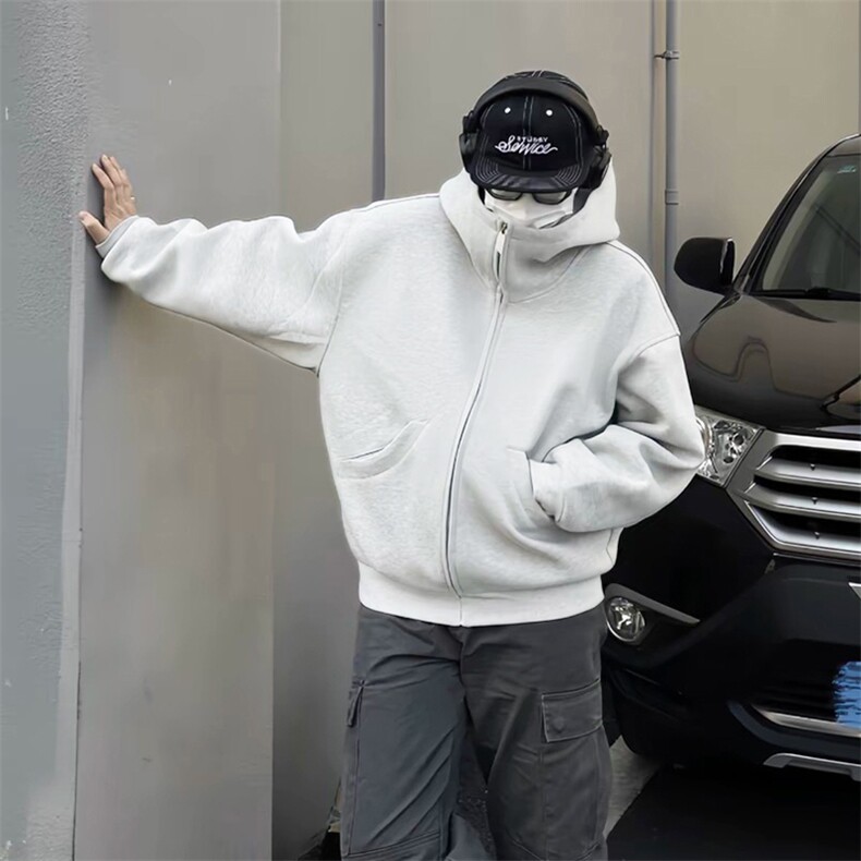 抖音得物高品质25秋冬美式高街宽松结构防风高领连帽卫衣外套W60，男装卫衣，电商A486