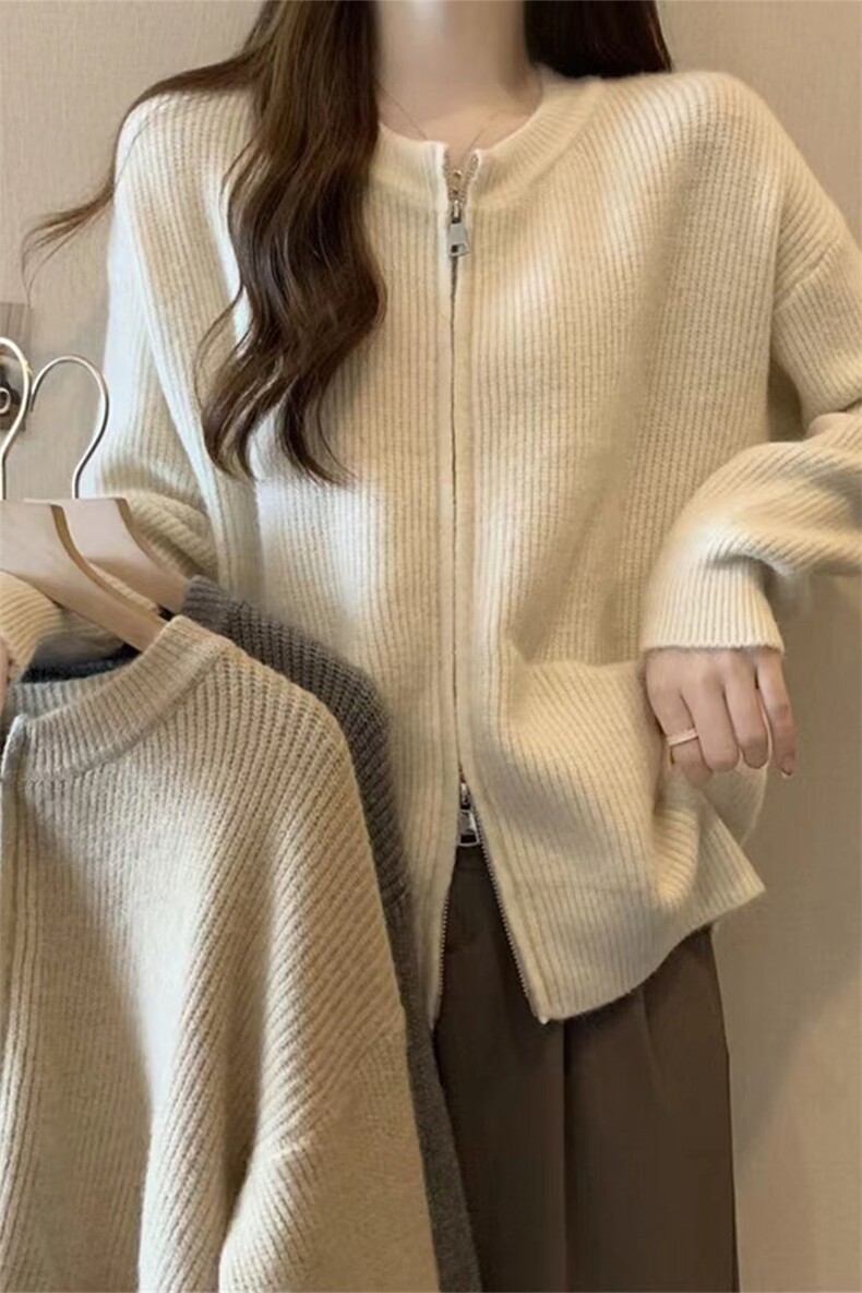 2024秋冬新款圆领双拉链口袋羊毛针织开衫外套女宽松带兜毛衣,针织衫/毛衣,萱芳婷羊绒