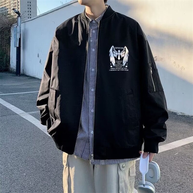 美式高街嘻哈十字架翅膀印花卫衣男女秋冬季潮牌宽松情侣外套,男装夹克,星座506A