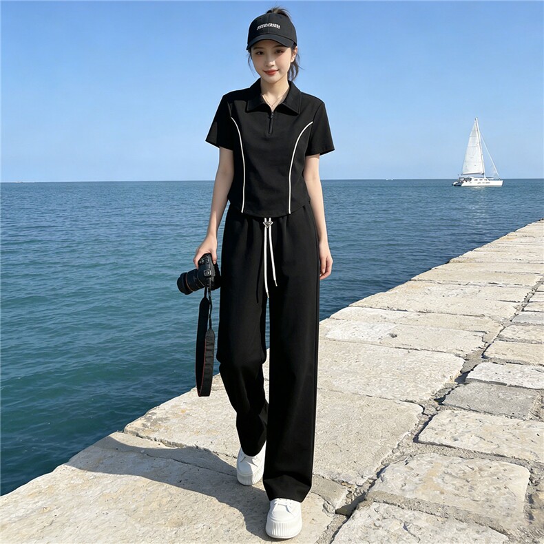 女夏季新款短袖运动休闲套装修身显瘦立领竖纹上衣直筒长裤两件套，女装套装/套裙，JN江南