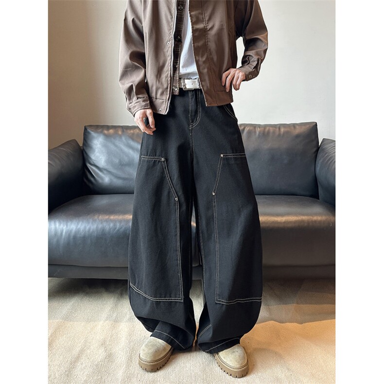 重工解构明线设计阔腿牛仔裤男女春秋美式工装弯刀裤ST8041P45,男装牛仔裤,星座1112-1