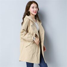 长袖中长款直筒2024年秋季拉链连帽时尚百搭纯色风衣，女装风衣，江忆布依