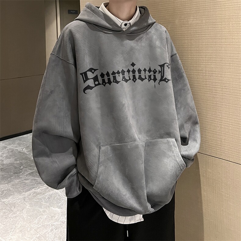 高级感麂皮绒潮男款卫衣秋季宽松连帽蜘蛛字母印花痞帅嘻哈hiphop,男装卫衣,电商B205