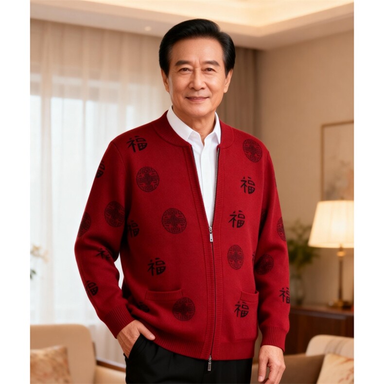 2026年秋季时尚百搭通勤简约休闲拉链福字,男装中老年男装,思涛羊绒