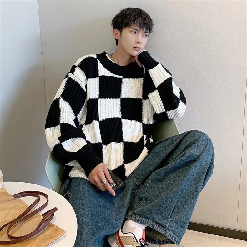 棋盘格毛衣女秋冬季设计感小众外穿条纹日系M142-P45,男装针织衫/毛衣,星座1109-3