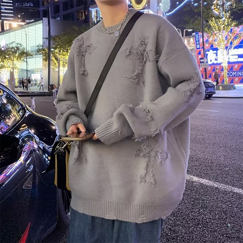 破洞百搭男美式日系复古百搭毛衣针织衫 M9970 P42图片