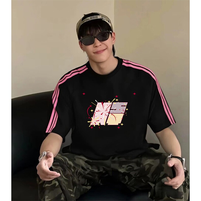 抖音得物品质二开240克宽松纯棉美式潮牌印花三条杠中性风短袖T恤,男装T恤,电商A486