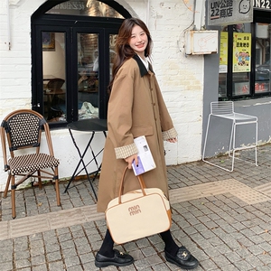 长款长袖薄款翻领女士格子领风衣韩版慵懒风大衣春秋气质小个子图片