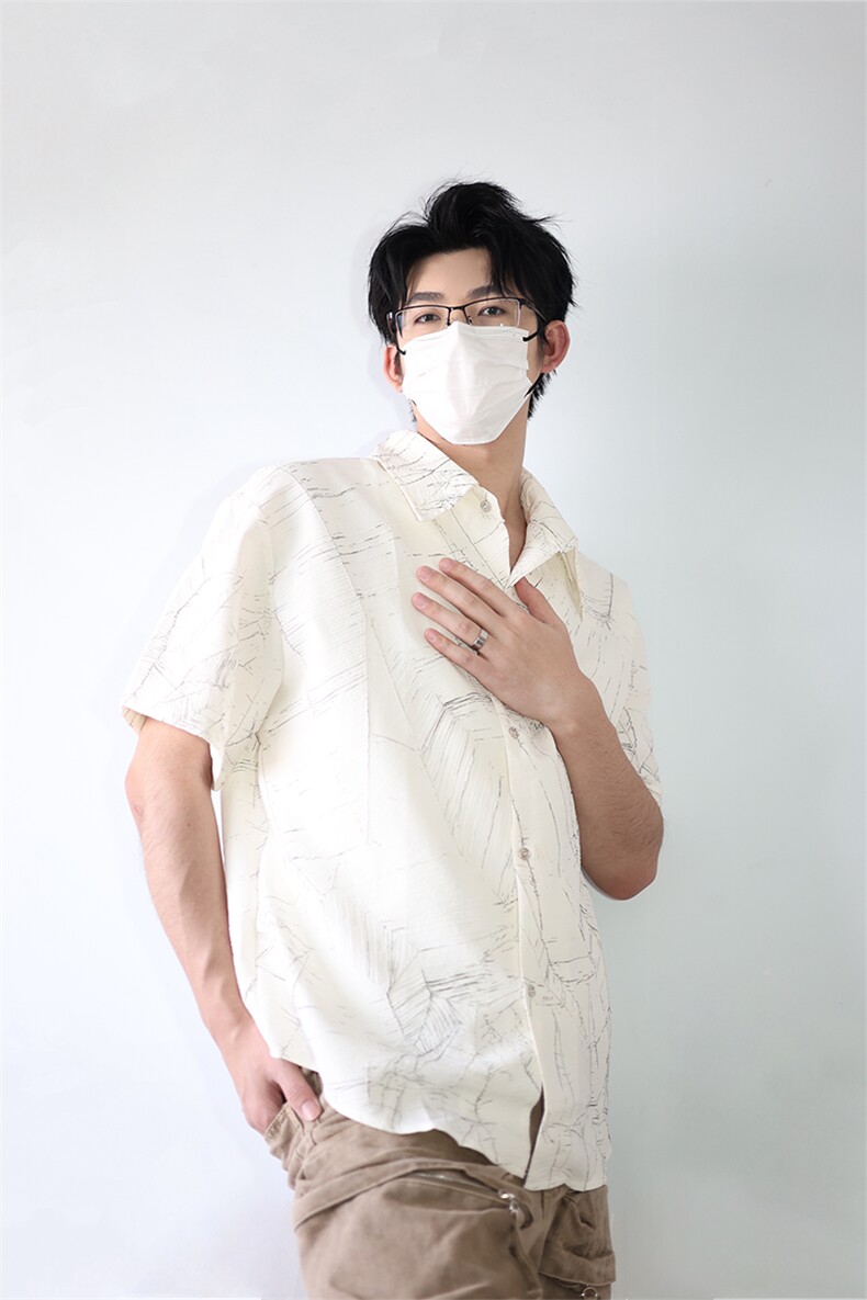 夏季新款短袖衬衫小众解构肌理感黑色裂纹韩版花衬衫打底T恤P50,男装T恤,电商B319