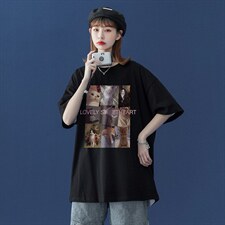 2023夏季新款潮流街头猫咪印花情侣宽松落肩短袖T恤T31P25控35，男装T恤，A247A
