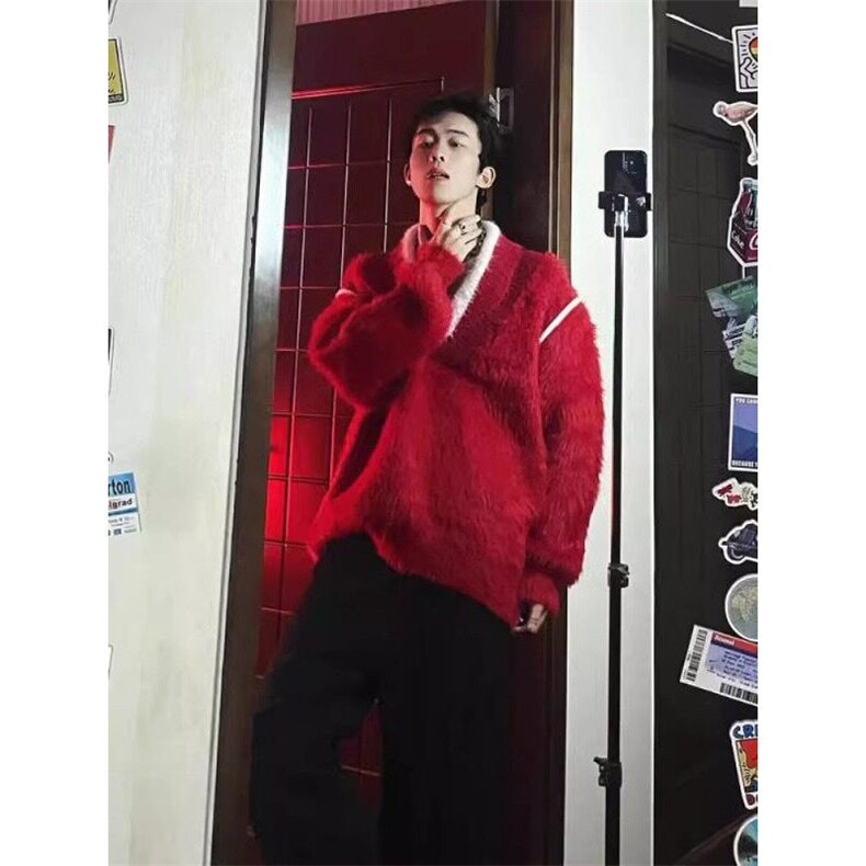 日常冬季套头长袖青少年磨毛美式加厚宽松情侣装针织毛衣V领,男装针织衫/毛衣,星座506A