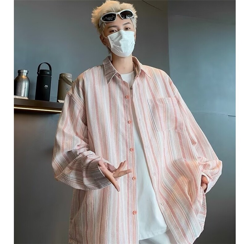 日系复古设计感条纹长袖衬衫男春秋小众港风休闲衬衣潮C152/P40,男装衬衫,星座506