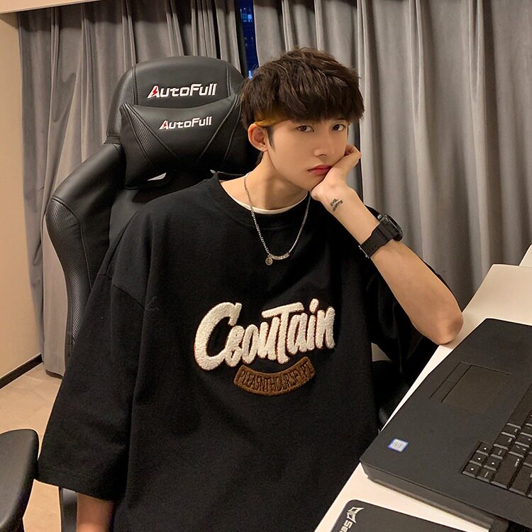 纯棉紧密赛络260g港风五分袖毛巾绣短袖t恤男青少年美式字母t恤，男装T恤，星座715-4