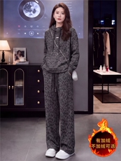简约时尚休闲套装女秋冬款洋气减龄豹纹连帽长袖卫衣直筒裤两件套，女装套装/套裙，江南