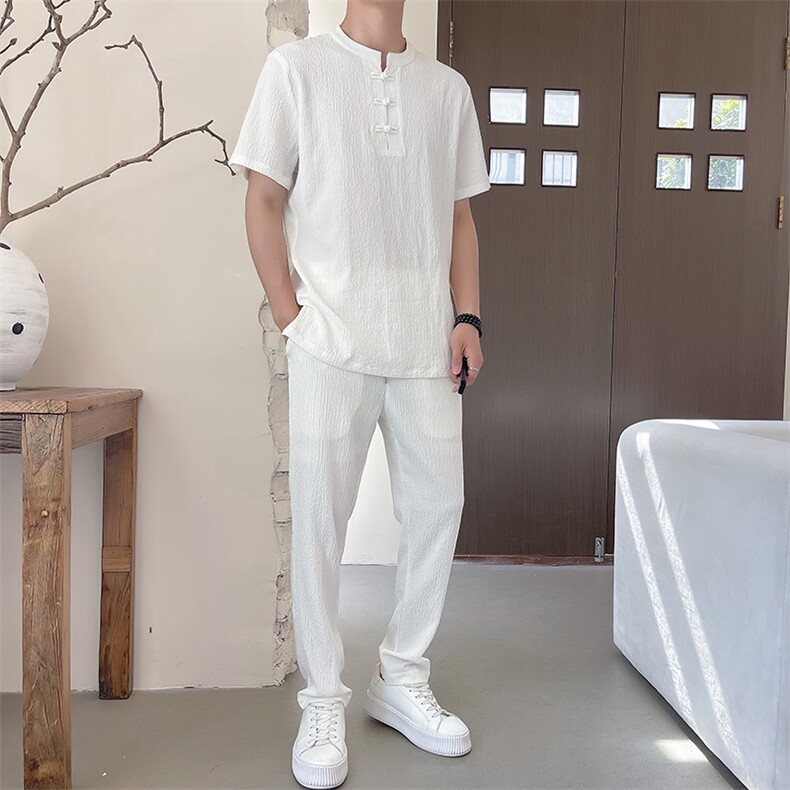 中式褶皱盘扣运动休闲套装男士舒适轻薄透气短袖T恤两件套TZ400,男装T恤,星座305A（原312A-1）